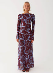 Womens Lorde Maxi Dress in the colour Brown Purple Floral in front of a light grey background