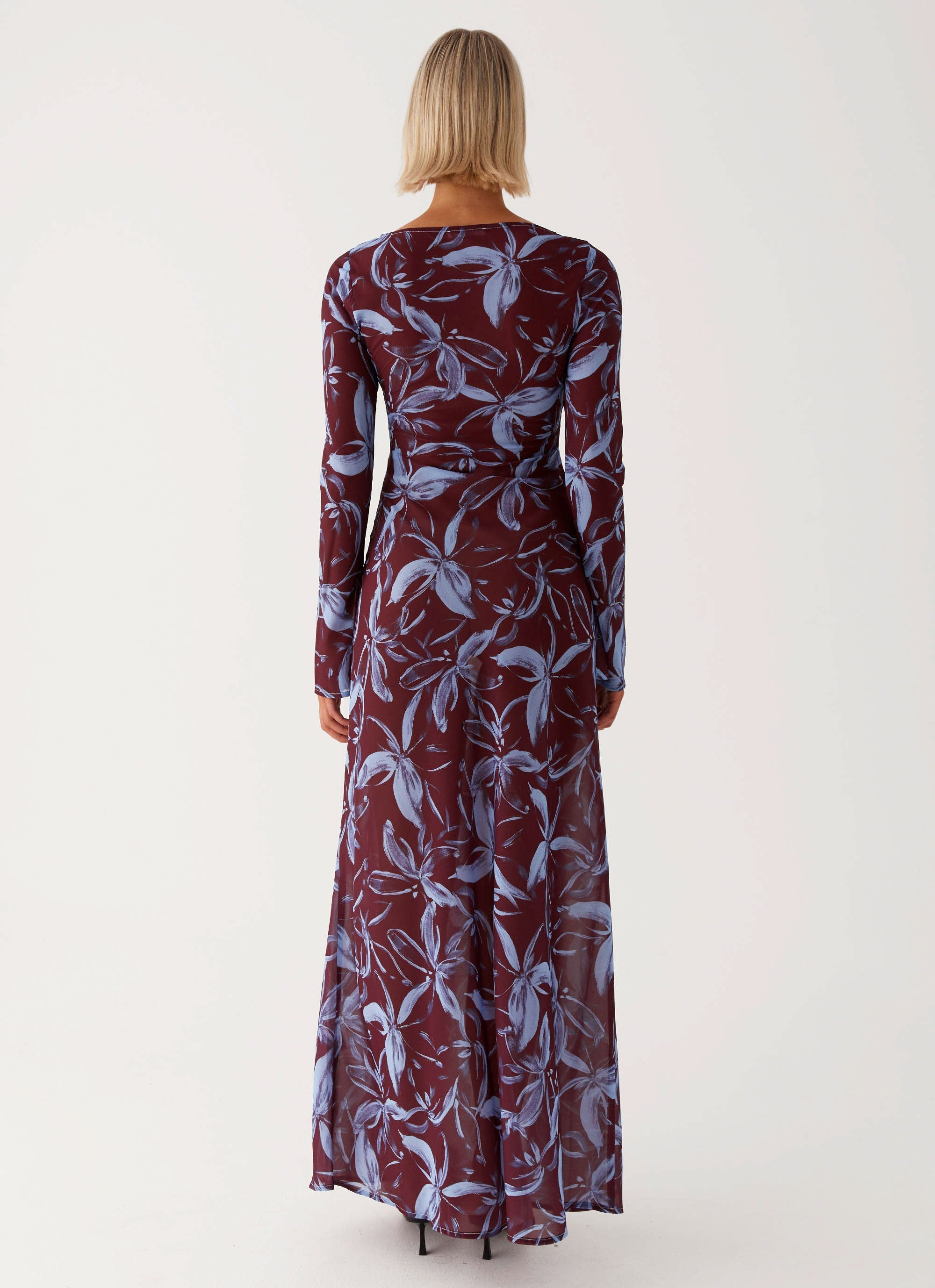 Womens Lorde Maxi Dress in the colour Brown Purple Floral in front of a light grey background