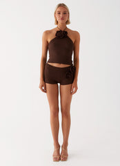 Womens Maia Rose Crochet Top in the colour Chocolate in front of a light grey background