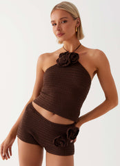 Womens Maia Rose Crochet Top in the colour Chocolate in front of a light grey background