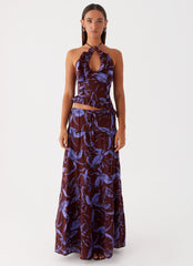 Womens Mariella Linen Maxi Skirt in the colour Purple Brown Floral in front of a light grey background