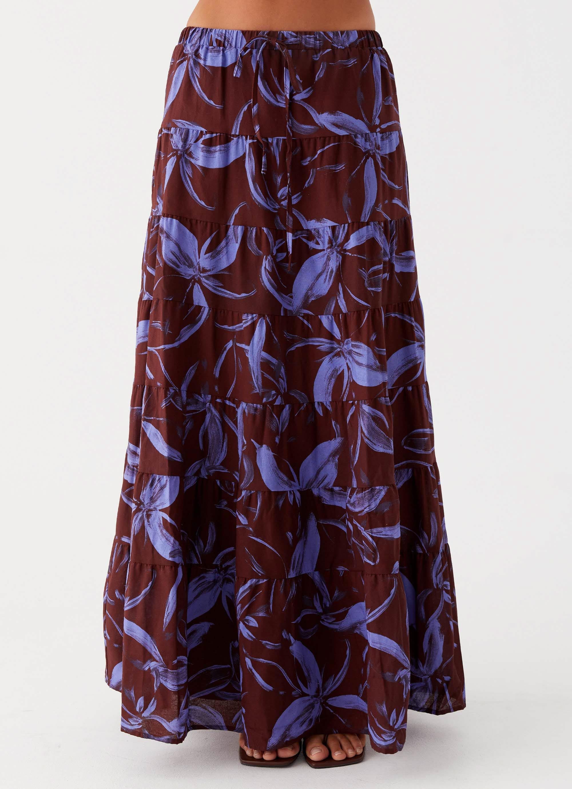 Womens Mariella Linen Maxi Skirt in the colour Purple Brown Floral in front of a light grey background
