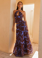 Womens Mariella Linen Maxi Skirt in the colour Purple Brown Floral in front of a light grey background