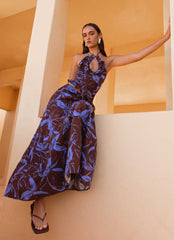 Womens Mariella Linen Maxi Skirt in the colour Purple Brown Floral in front of a light grey background