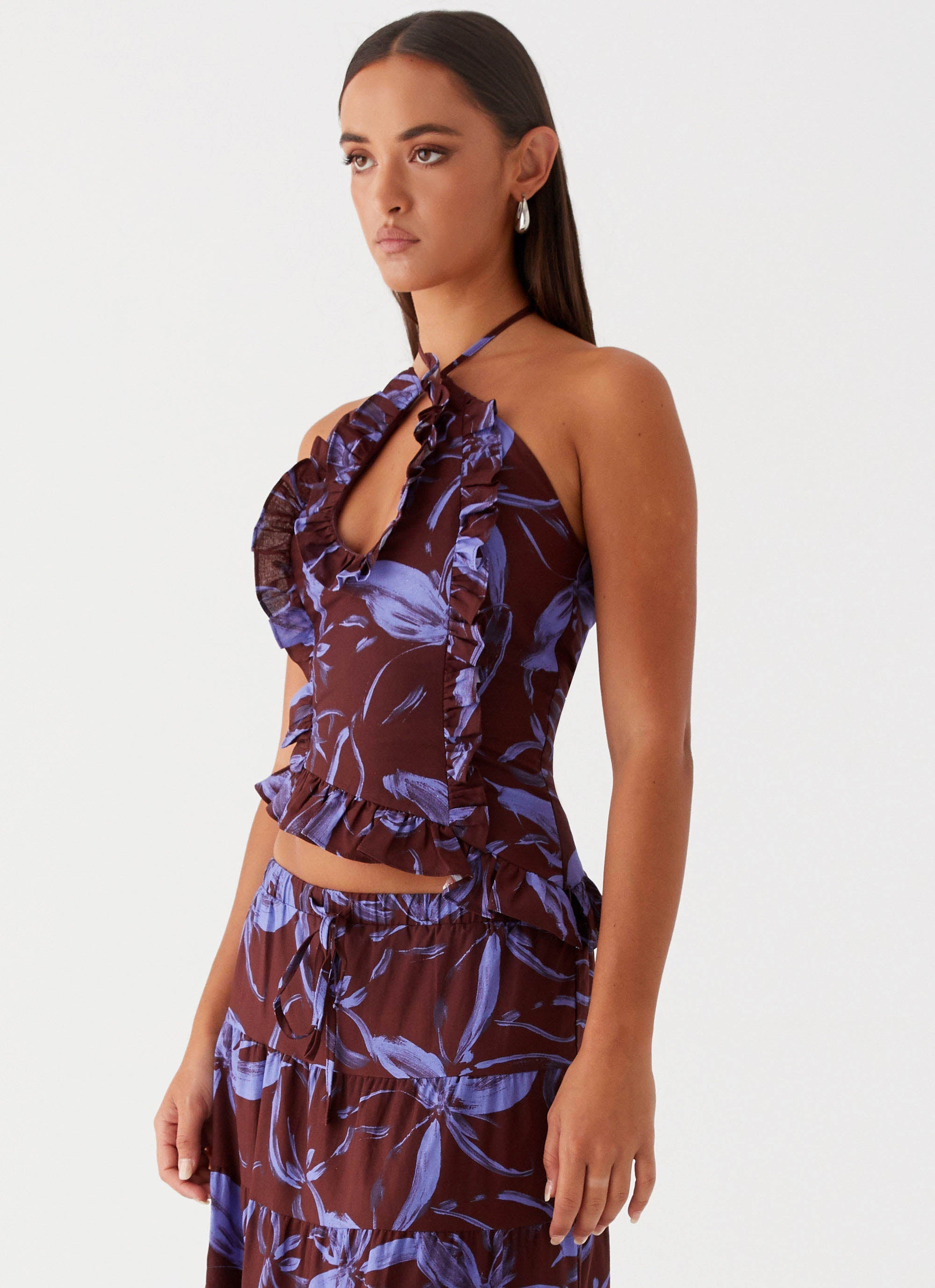 Womens Mariella Linen Top in the colour Purple Brown Floral in front of a light grey background