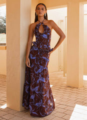 Womens Mariella Linen Top in the colour Purple Brown Floral in front of a light grey background