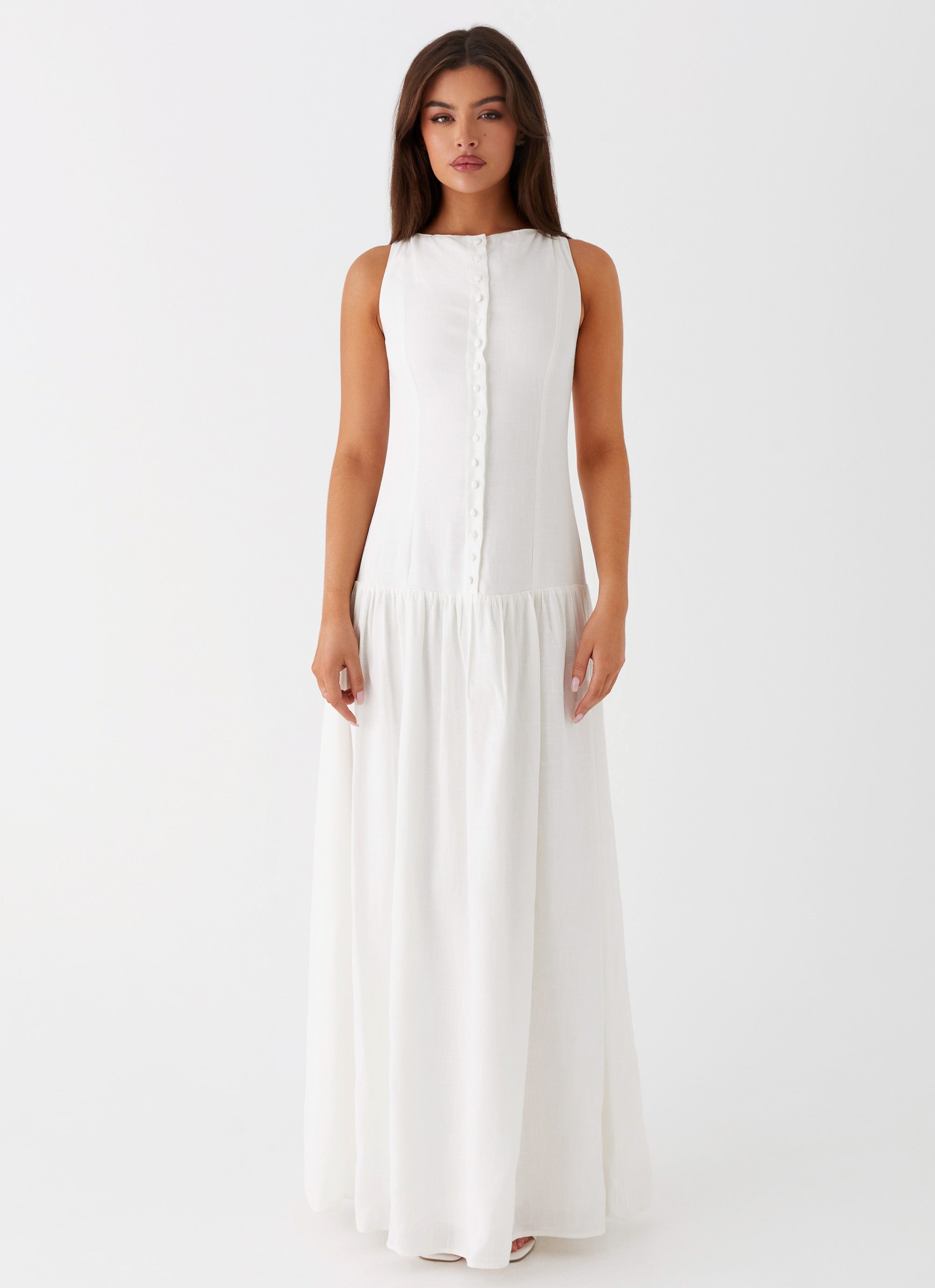 Womens Meggie Linen Maxi Dress in the colour White in front of a light grey background