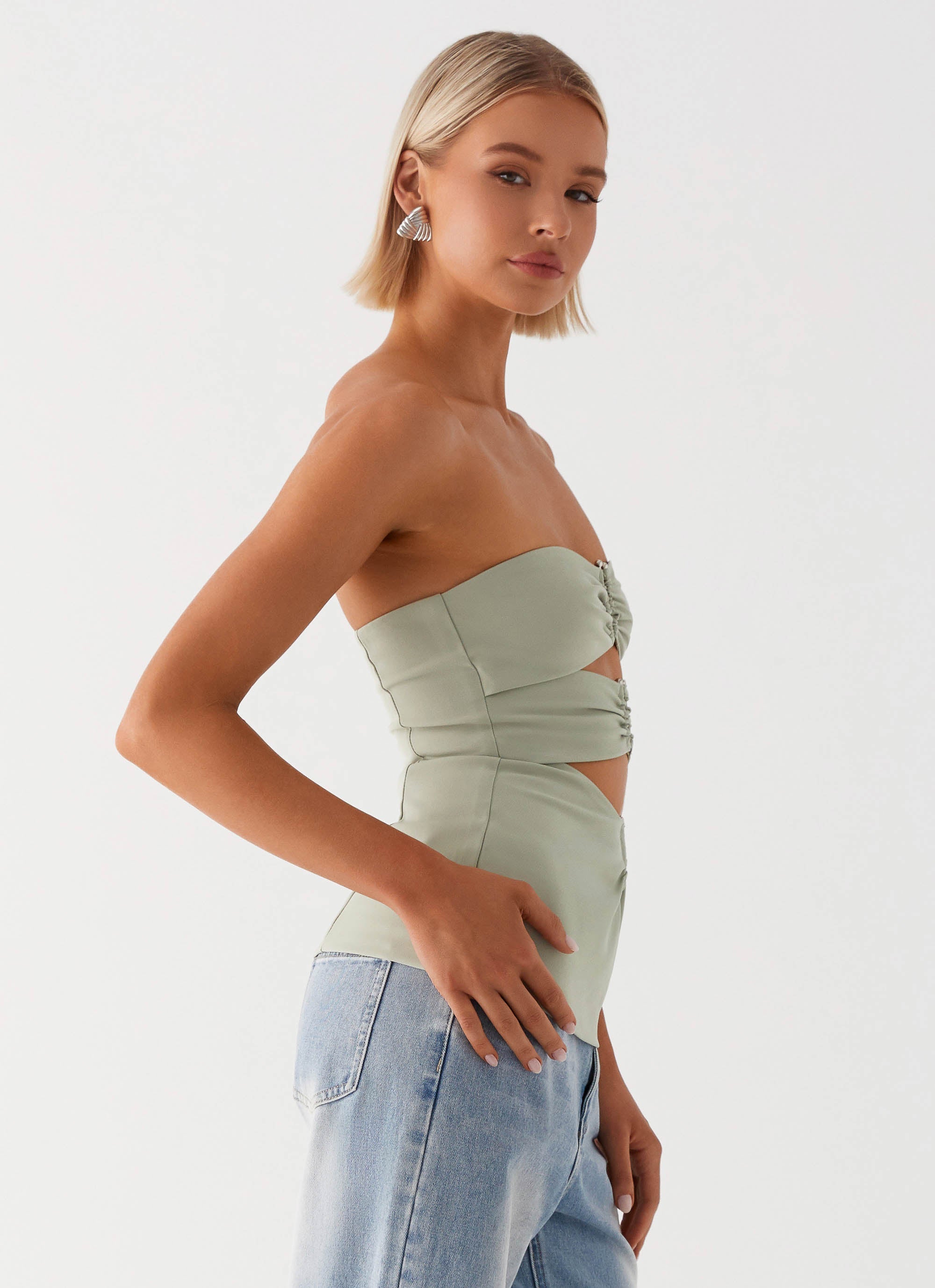 Womens Micha Strapless Top in the colour Khaki in front of a light grey background
