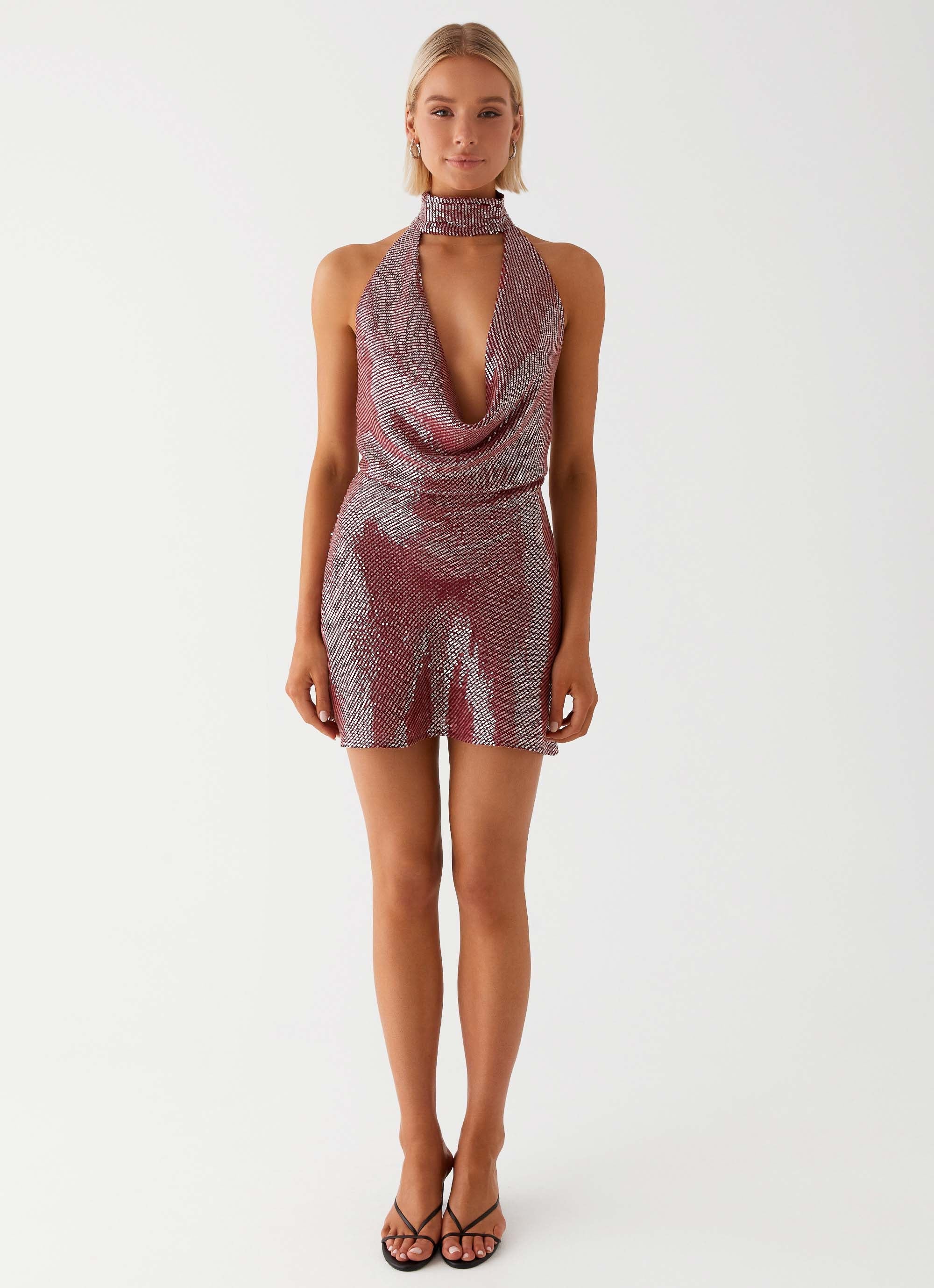 Womens Nora Sequin Cowl Neck Mini Dress in the colour Red in front of a light grey background