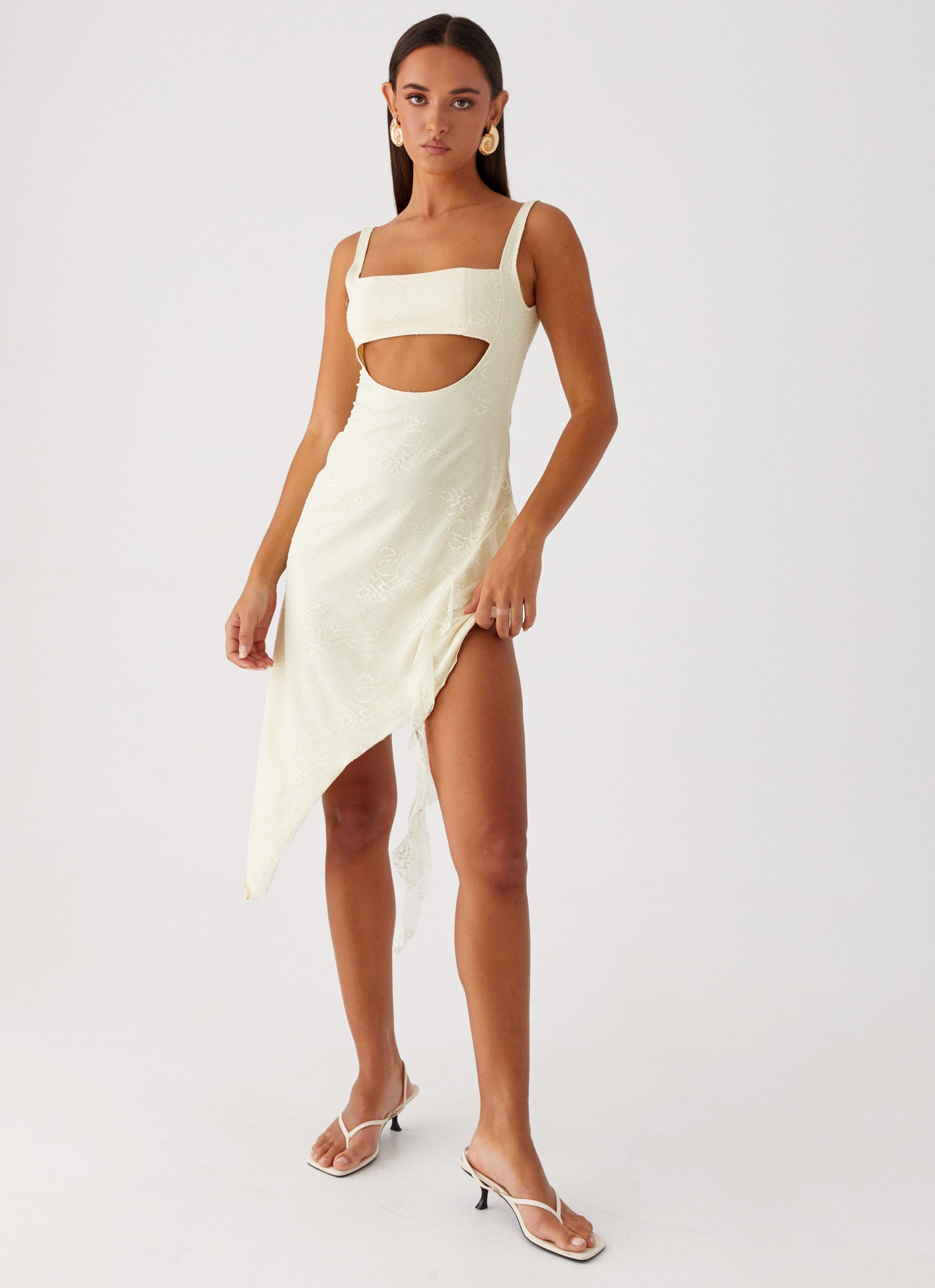 Womens Patricia Midi Dress in the colour Yellow in front of a light grey background