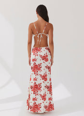 Womens Rosie Satin Maxi Dress in the colour Rosa Floria in front of a light grey background
