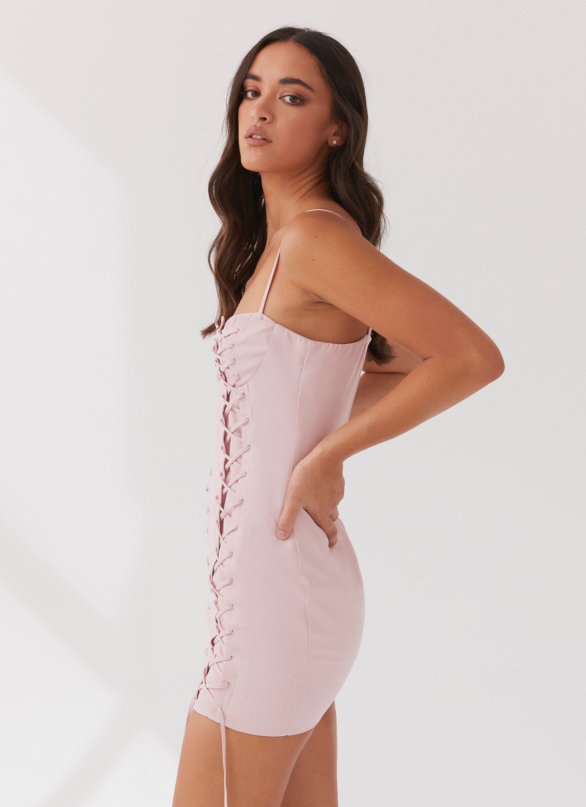 Womens Christina Lace Up Mini Dress in the colour Lavender in front of a light grey background