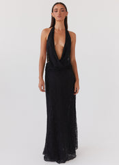 Womens Elysia Lace Maxi Dress in the colour Black in front of a light grey background