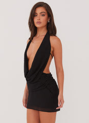 Womens Elysia Chiffon Mini Dress in the colour Black in front of a light grey background