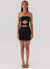 Womens Starry Sands Linen Mini Dress in the colour Black in front of a light grey background