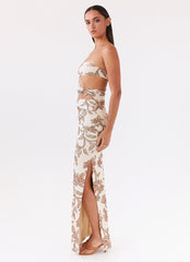 Womens Into Pieces Mesh Maxi Dress in the colour Hazel Bloom in front of a light grey background