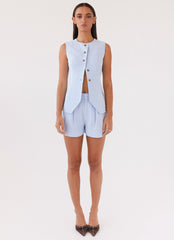 Womens Born For Bordeaux Linen Vest in the colour Blue in front of a light grey background