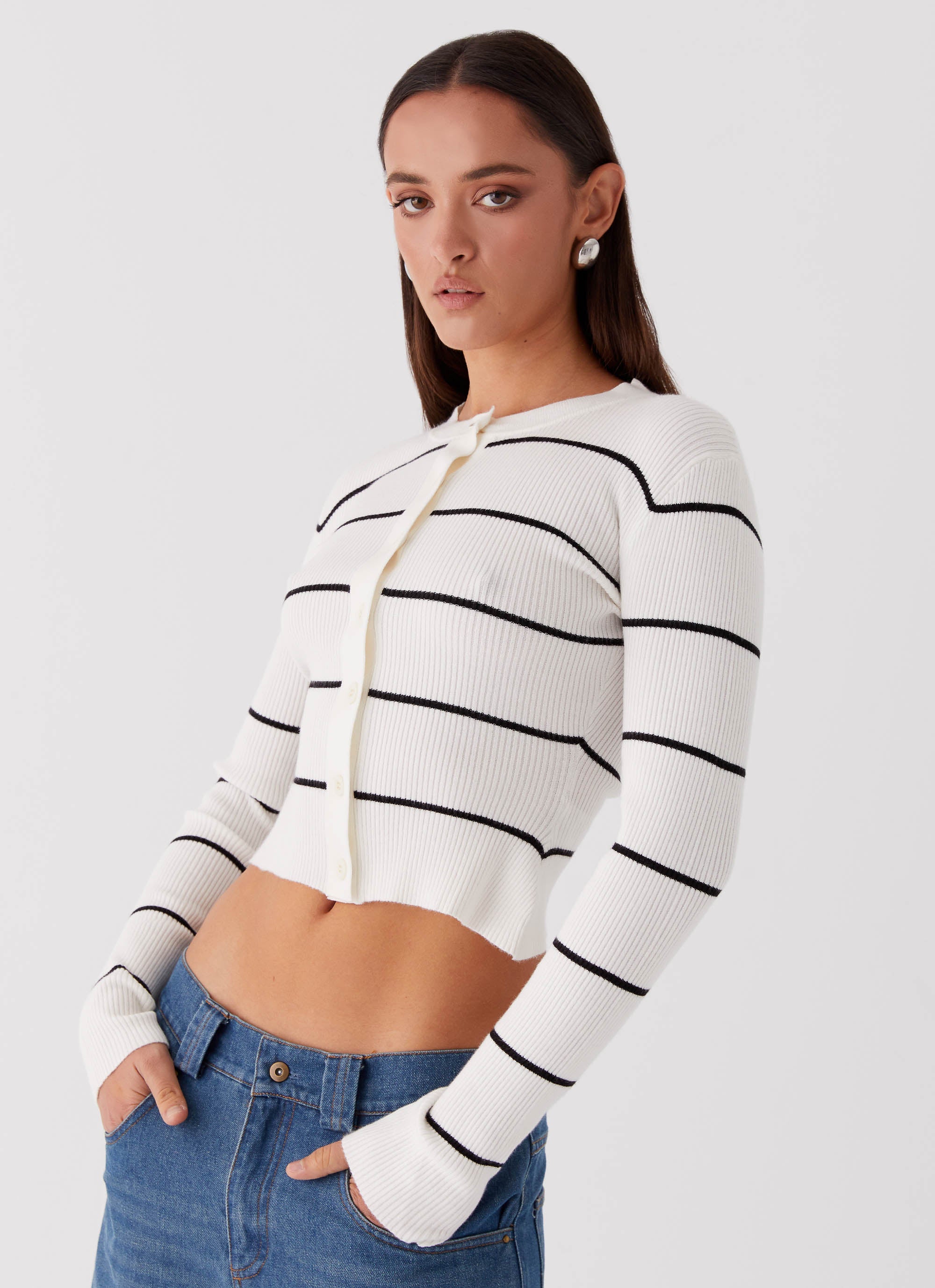 Womens Kaylee Fitted Cardigan in the colour White Stripe in front of a light grey background