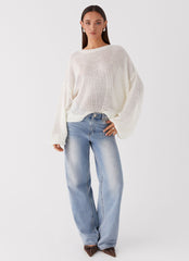 Womens Tyla Oversized Knit Sweater in the colour White in front of a light grey background