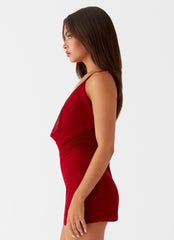 Womens Bohemian Bliss Mesh Mini Dress in the colour Red in front of a light grey background