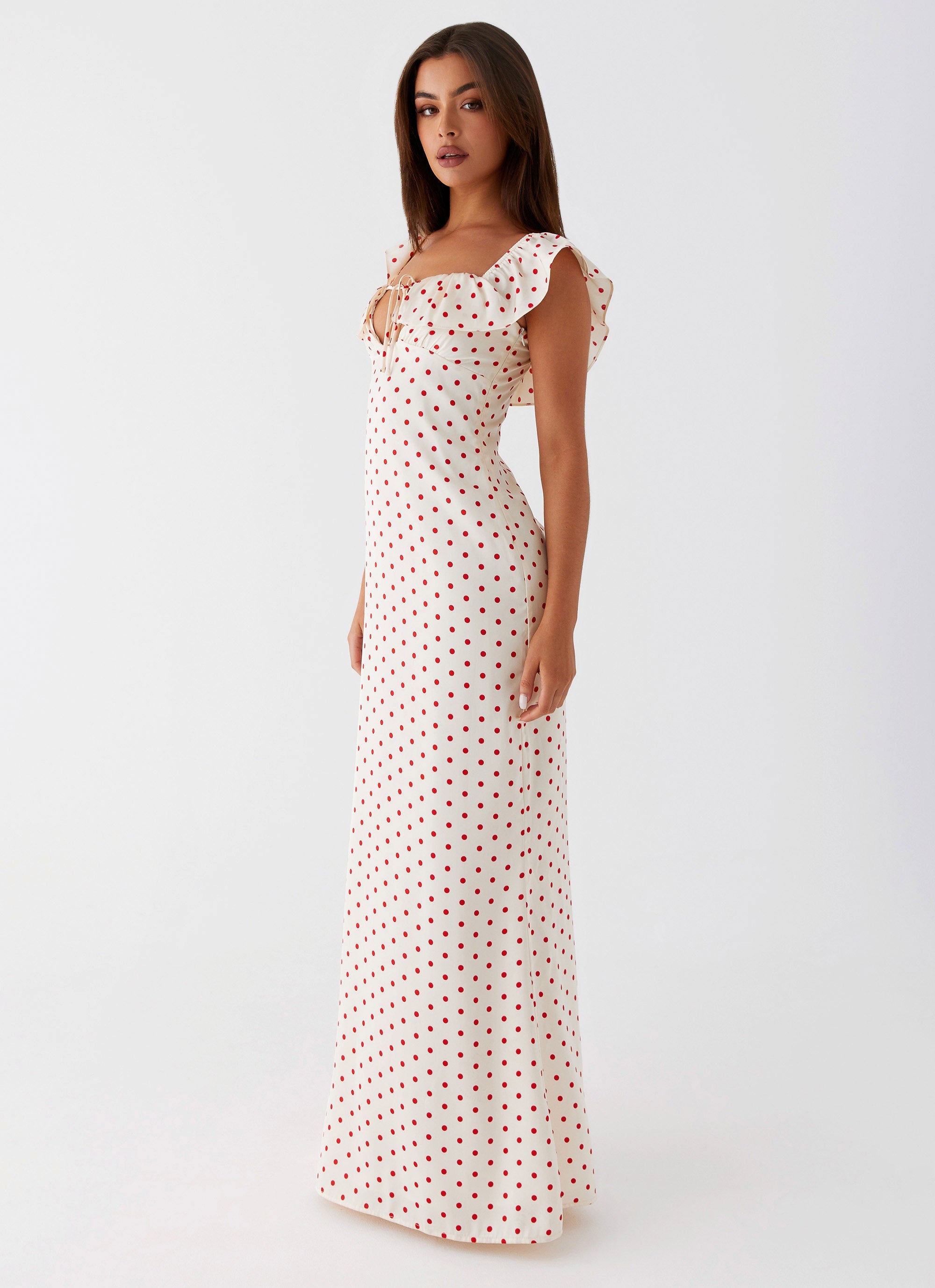 Womens Scarlet Cherry Maxi Dress in the colour Red Polka Dot in front of a light grey background
