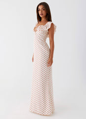 Womens Scarlet Cherry Maxi Dress in the colour Red Polka Dot in front of a light grey background