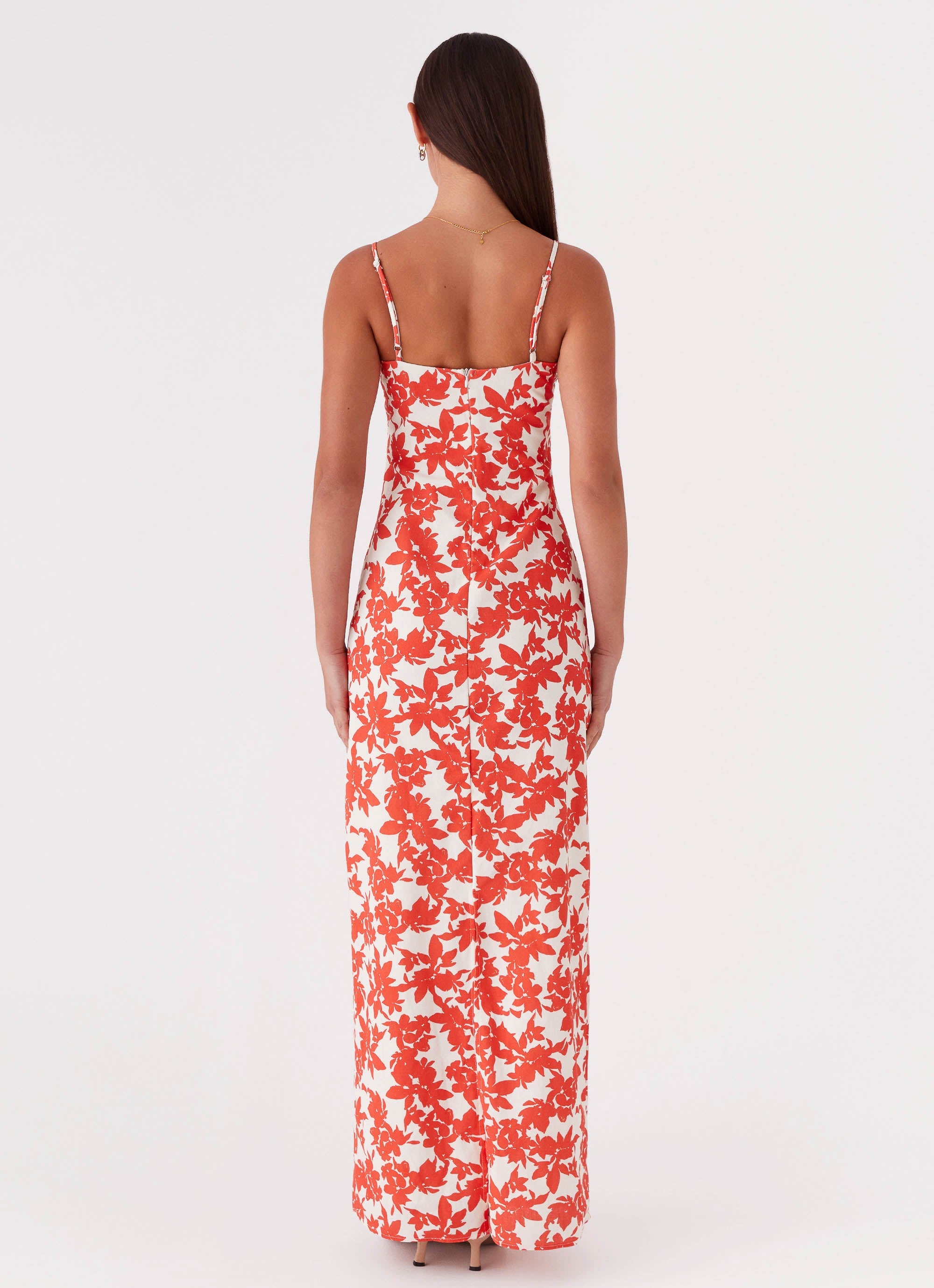 Womens Forbidden Floral Bustier Maxi Dress in the colour Red Floral in front of a light grey background