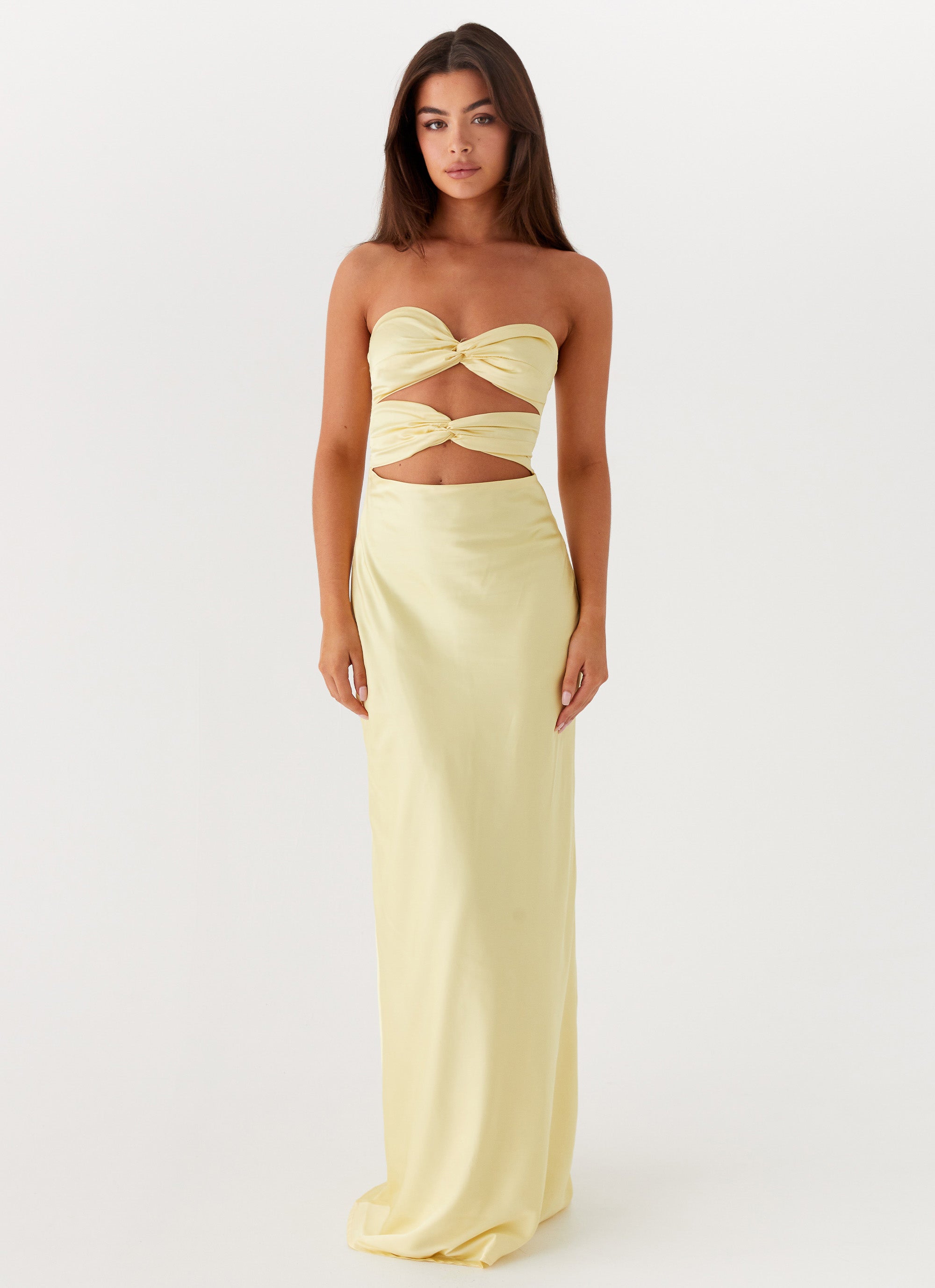 Womens Tianna Strapless Maxi Dress in the colour Yellow in front of a light grey background