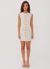 Womens Castello Fiore Linen Mini Dress in the colour Oatmeal in front of a light grey background