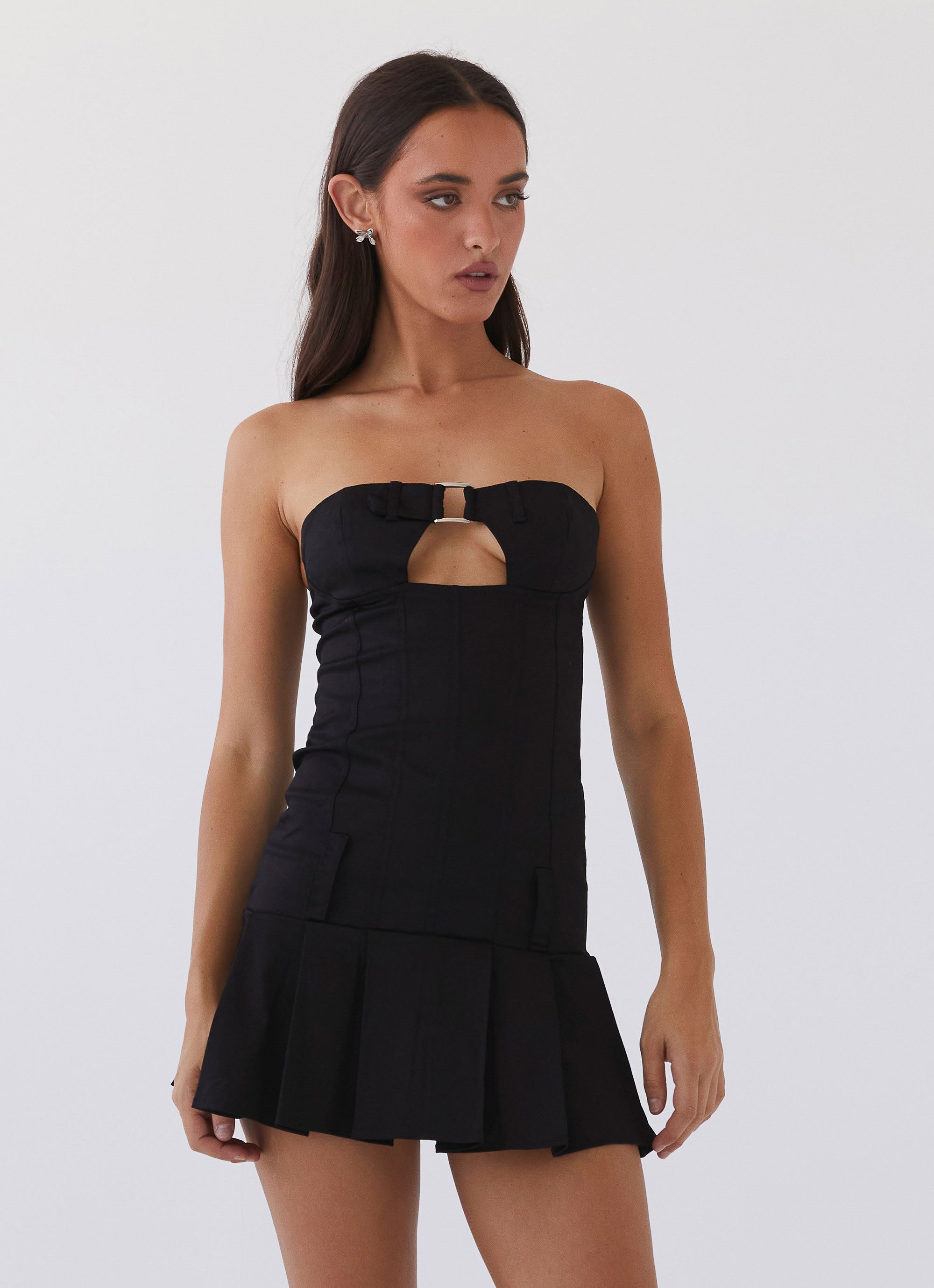 Womens Case Closed Mini Dress in the colour Black in front of a light grey background