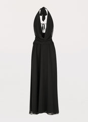 Womens Elysia Chiffon Maxi Dress in the colour Black in front of a light grey background