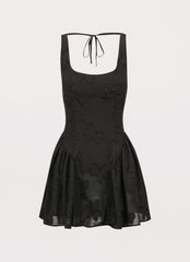 Womens Evelyn Mini Dress in the colour Black in front of a light grey background