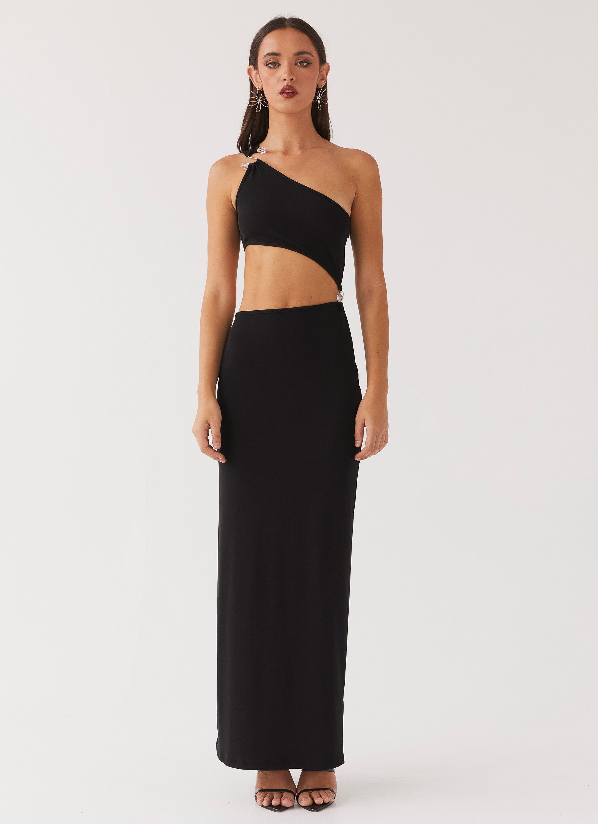 Womens On The Moon Maxi Dress in the colour Black in front of a light grey background