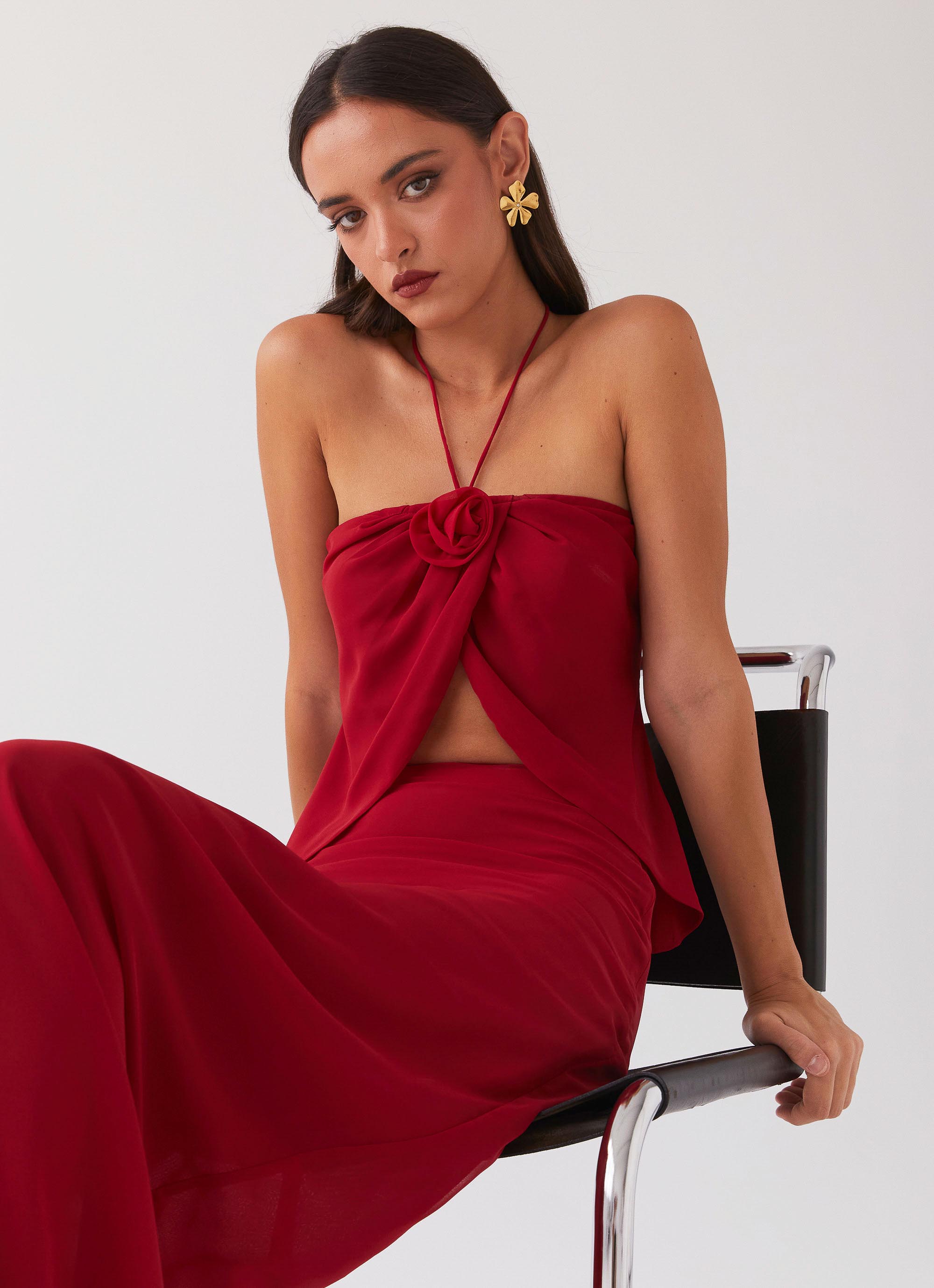 Womens Nightfall Rose Tie Top in the colour Rouge Red in front of a light grey background