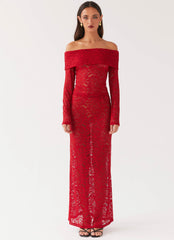 Womens Zephyra Lace Maxi Skirt in the colour Red in front of a light grey background