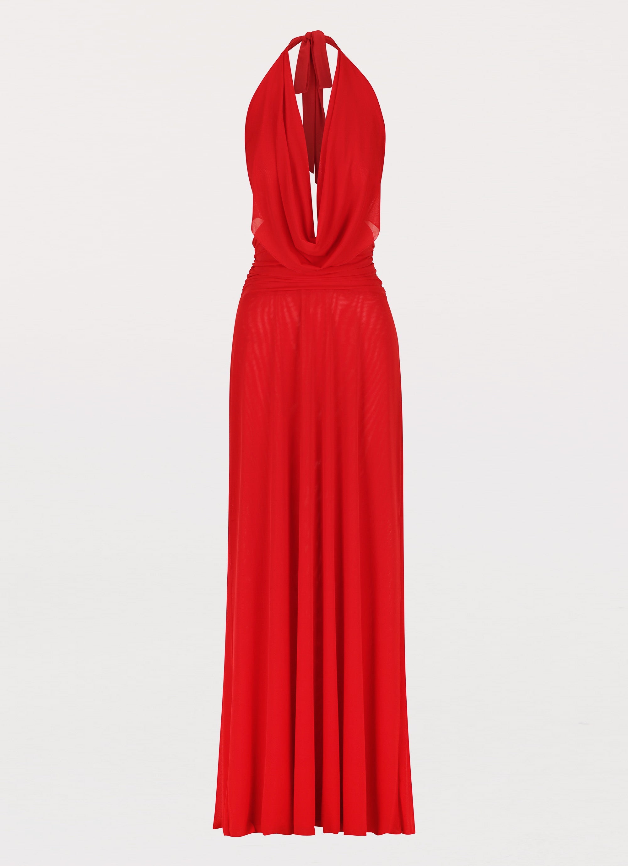 Womens Elysia Mesh Maxi Dress in the colour Cherry Red in front of a light grey background