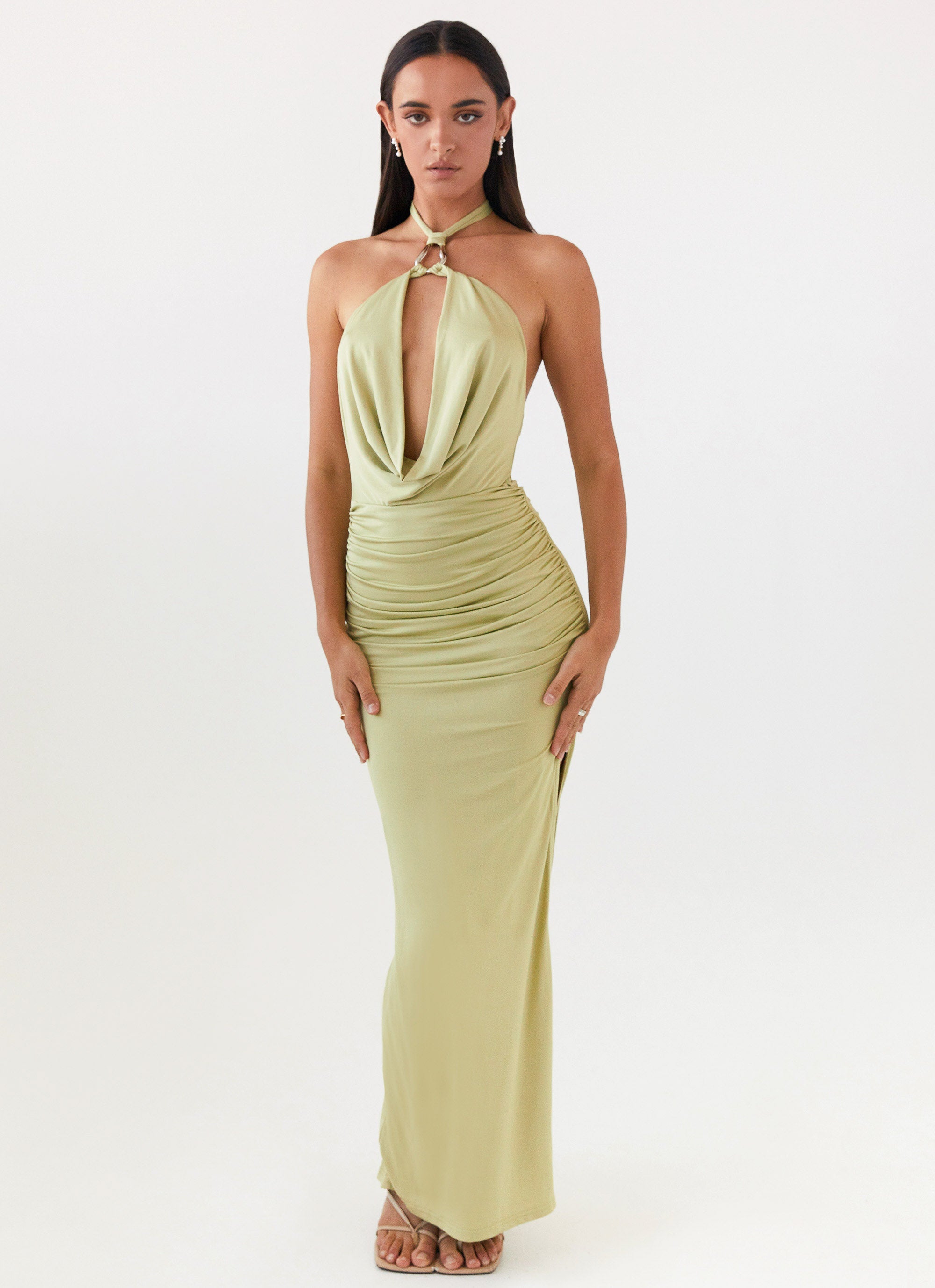 Womens Samara Halterneck Maxi Dress in the colour Sage in front of a light grey background