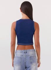 Womens Game Face Sleeveless Top in the colour Space Blue in front of a light grey background