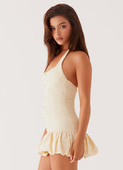 Womens Georgina Denim Mini Dress in the colour Antique in front of a light grey background