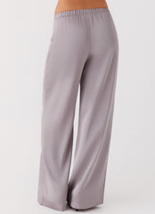 Womens Palm Cove Satin Pants in the colour Grey in front of a light grey background