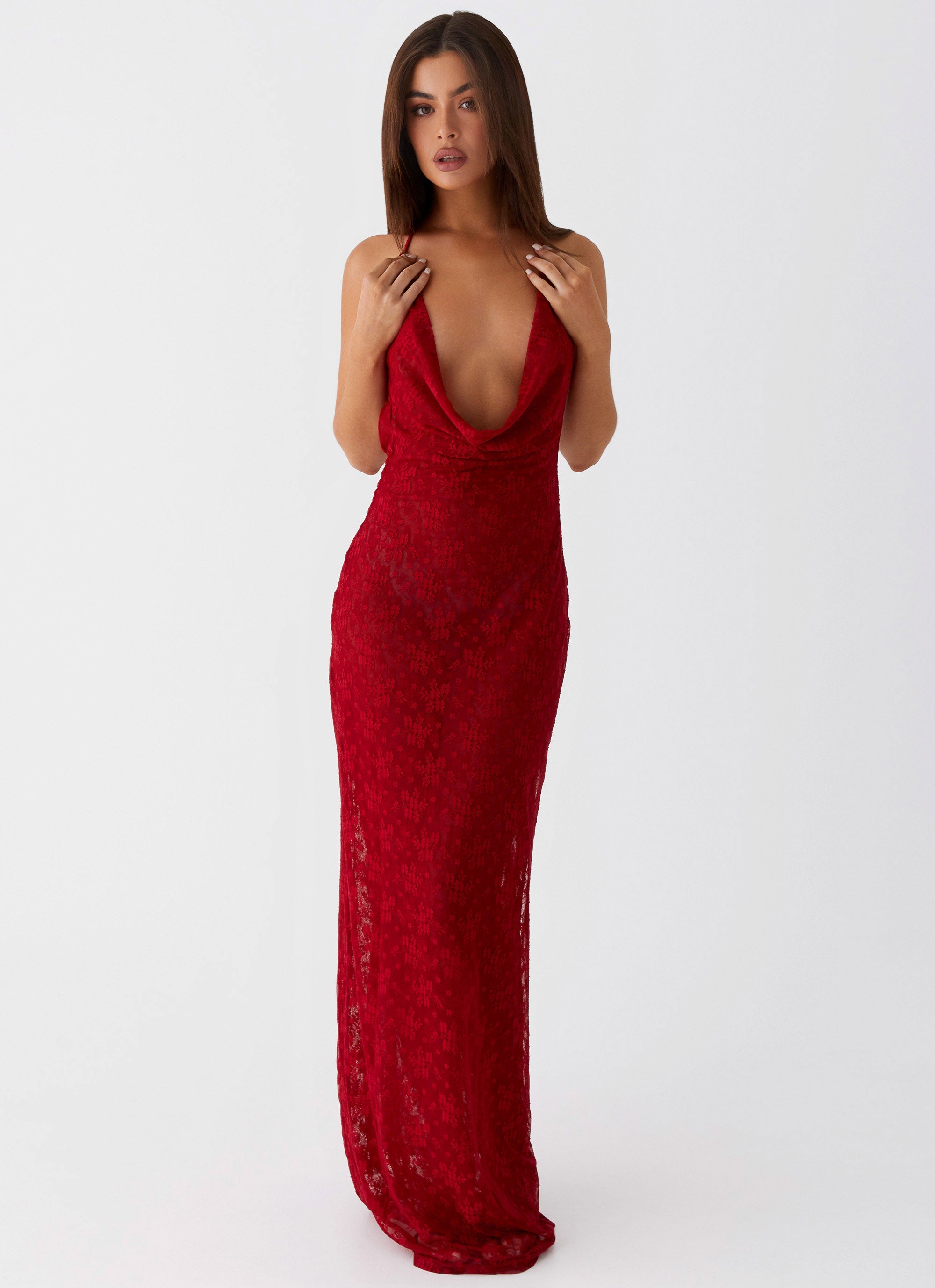 Womens Champagne Coastline Maxi Dress in the colour Dark Red in front of a light grey background