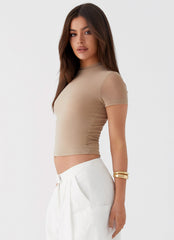 Womens Late Night Mesh Baby Tee in the colour Taupe in front of a light grey background