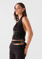 Womens Rina Belt Halterneck Top in the colour Black in front of a light grey background