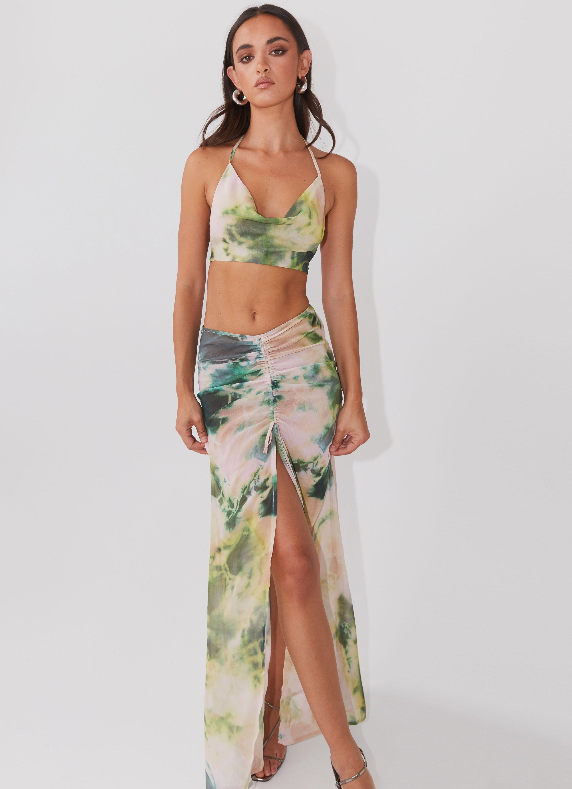 Womens Zenta Ruched Maxi Skirt in the colour Rainforest in front of a light grey background