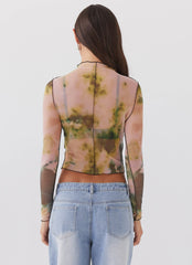 Womens Neon Serenade Mesh Long Sleeve Top in the colour Rainforest in front of a light grey background