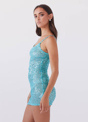 Womens Astrid Sequin Mini Dress in the colour Crystal in front of a light grey background
