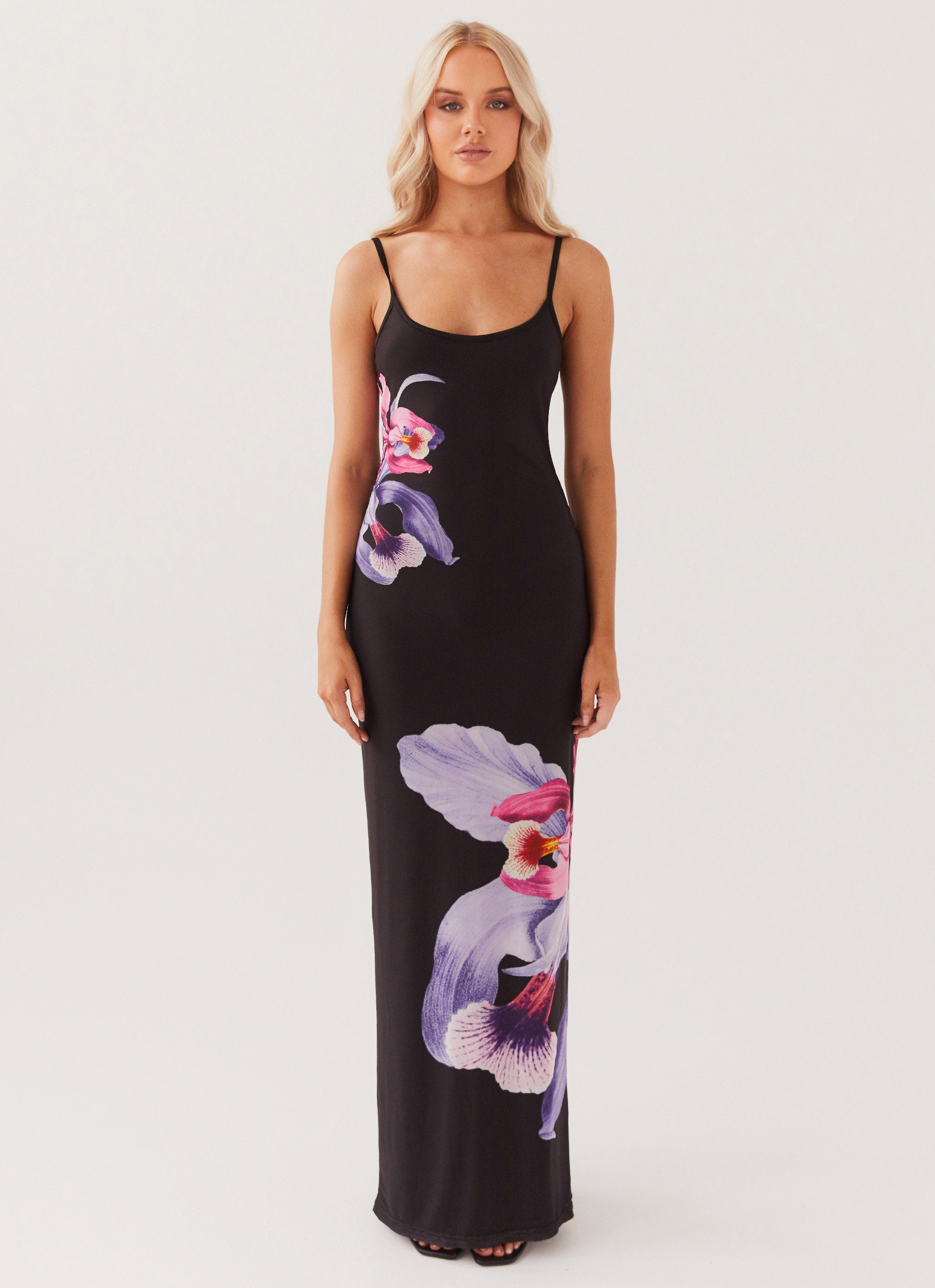 Womens Bad News Mesh Maxi Dress in the colour Black Tulip in front of a light grey background