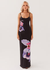 Womens Bad News Mesh Maxi Dress in the colour Black Tulip in front of a light grey background