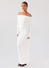 Womens Alexandra Off Shoulder Knit Maxi Dress in the colour Ivory in front of a light grey background