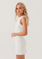 Womens Cosmic Chic Mini Dress in the colour White in front of a light grey background
